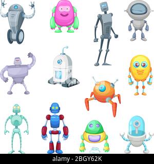 Characters of funny robots in cartoon style. Vector mascot set of androids and astronauts. Character machine android, robot with antenna illustration Stock Vector