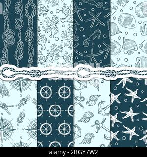 Different seamless patterns set of marine and nautical elements. Vector stripes, anchors and ropes. Sea and marine pattern background, anchor and rope Stock Vector