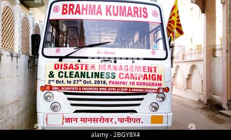 Hansi, haryana, india, October 2018 : Disaster management & cleanliness campaign Bus of brahmakumaris Stock Photo