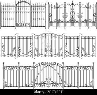 Iron gate and fence design with different decorative elements. Vector illustrations gate and fence board protection Stock Vector