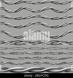 Seamless realistic electrical wires cables border. Flexible endless computer cord, telephone cable or power line. Isolated on transparent background Stock Vector