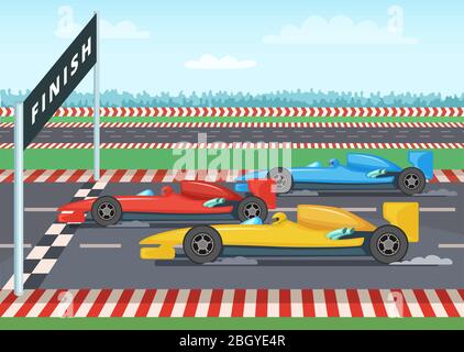 Race cars on finish line. Sport background illustration. Car speed winner, checkered finishing line vector Stock Vector