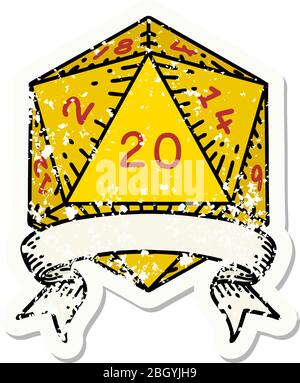 grunge sticker of a natural 20 critical hit D20 dice roll Stock Vector