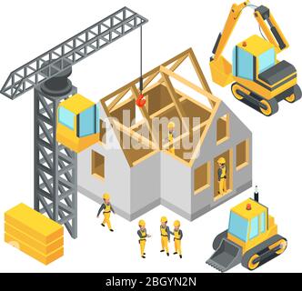 Building under construction. Isometric pictures set. Construction site development urban house structure. Vector illustration Stock Vector