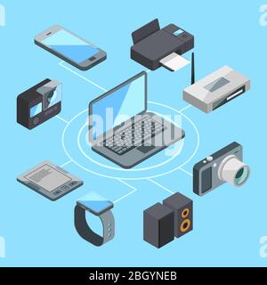 Wireless or wifi connection near laptop and other computer gadgets. Modem and router computer gadget connection, vector illustration Stock Vector