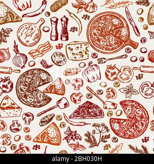 Seamless pattern with classical italian foods. Hand drawn illustrations of pizza. Italian pizza background with cheese mushroom and pepper vegetable v Stock Vector
