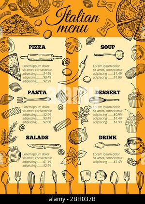 Italian food menu of different pasta and pizza. Design template for gourmet retaurant. Italian menu restaurant pasta and pizza. Vector illustration Stock Vector