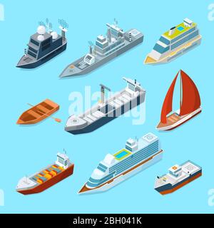 Isometric passenger sea ships and different boats in port. Marine illustrations. Ship and marine transport yacht and tanker vector Stock Vector