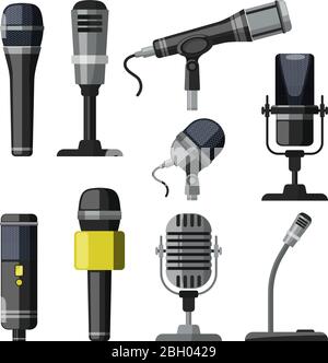 Recorder, microphone and dictaphone for reporters. Vector illustrations in cartoon style microphone equipment and dictaphone for record multimedia Stock Vector