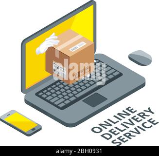 Isometric concept picture of online delivery. Real package from laptop screen. Delivery service order, buy and fast, vector illustration Stock Vector