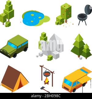 Isometric pictures of camping. Garden, stones and rocks, tent. Vector 3d pictures camp tent, tree and car for travel illustration Stock Vector