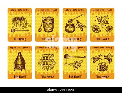 Labels design for packaging of honey products. Illustrations of honey and honeycomb. Honey sweet and bee, label banner sweet food Stock Vector