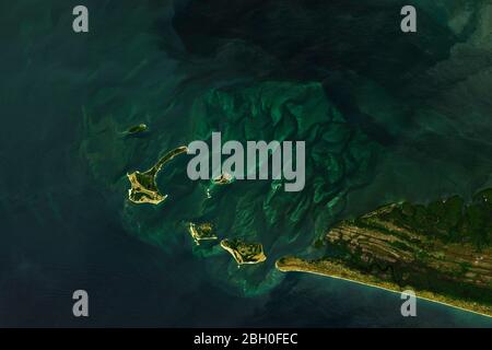 High resolution satellite image of Turtle Islands located in Sierra Leone - contains modified Copernicus Sentinel Data (2020) Stock Photo