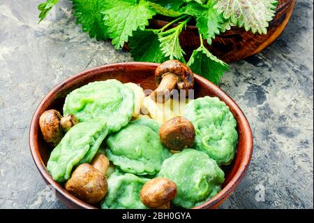 Appetizing Italian ravioli cooked with nettles and spinach Stock Photo