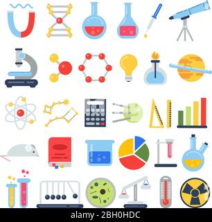 Scientific icon set. Science lab with different equipment. Vector pictures in flat style. Science and research education, equipment microscope illustr Stock Vector