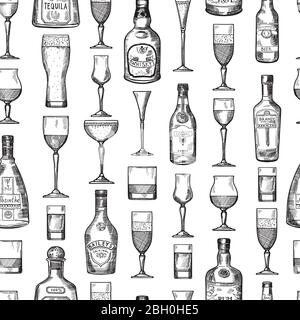 Seamless pattern with alcoholic drinking glasses. Vector illustration in hand drawn style. Alcoholic beverage sketch brandy and beer, whisky and tequi Stock Vector