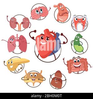 Funny medical icons of organs, heart, lungs, stomach. Set of round avatars cartoon characters of internal organs. Kidney and lung, brain and liver, bl Stock Vector