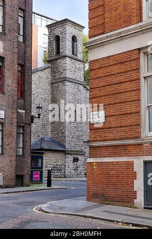 Savoy Hill, near Queen Victoria Embankment Gardens, looking towards the Savoy Chapel, and the rear of the Savoy Hotel, near Westminster, in London, UK Stock Photo