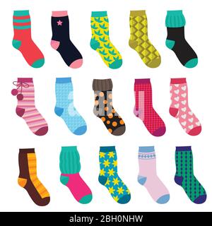 Funny socks with different patterns. Vector illustrations set in cartoon style. Collection of socks cotton textile and warm wool Stock Vector