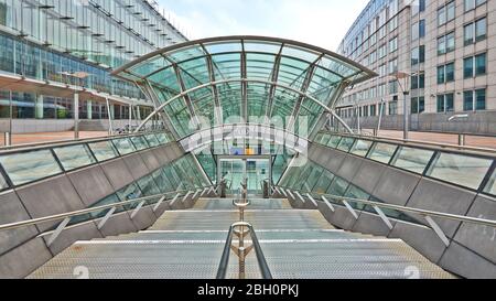 Brussels, Belgium - April 19, 2020: Emergency entrance from the Brussels-Luxembourg Station without any people during the confinement period. Stock Photo