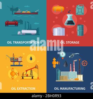Concept pictures of oil manufacturing. Fuel exploration and extraction, petroleum manufacture, vector illustration Stock Vector