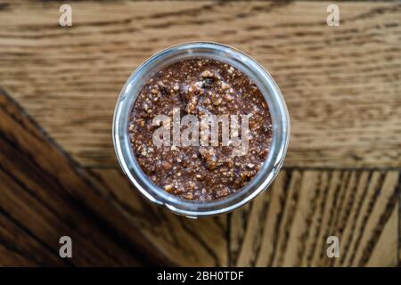 Homemade Healthy Organic Raw Vegan Nut Cream with Cocoa and Date Fruit in Jar / No Sugar Free. Ready to Eat. Stock Photo