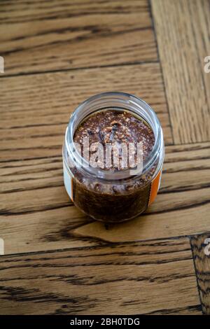 Homemade Healthy Organic Raw Vegan Nut Cream with Cocoa and Date Fruit in Jar / No Sugar Free. Ready to Eat. Stock Photo