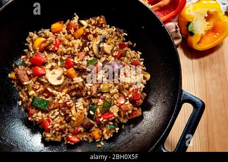 Asian style recipe with peppered beef and vegetable rice  with oyster sauce. Stock Photo