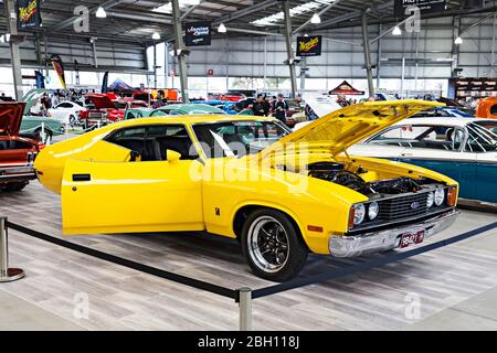 Automobiles /  Australian made 1970 Ford Falcon XA Coupe displayed at a motor show in Melbourne Victoria Australia. Stock Photo