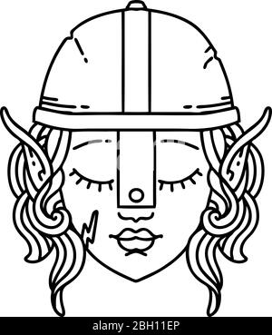 Black and White Tattoo linework Style elf character Stock Vector