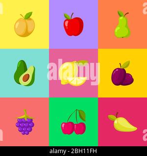 Fruit cartoon icons set. Apple plum lemon cherry pear avocado. Vector illustration Stock Vector