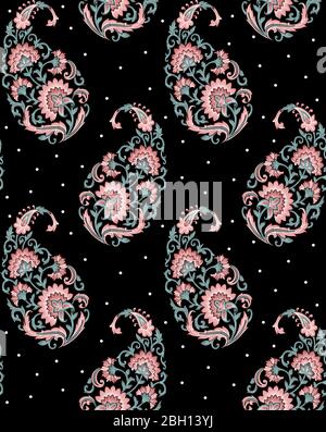 seamless Indian paisley pattern with black background Stock Photo