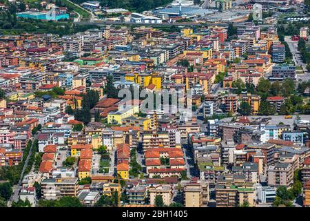 Cassino / Italy - August 17 2019: Aerial view of Cassino in Italy. Panorama and landscape. Town hall in the province of Frosinone, central Italy, at t Stock Photo