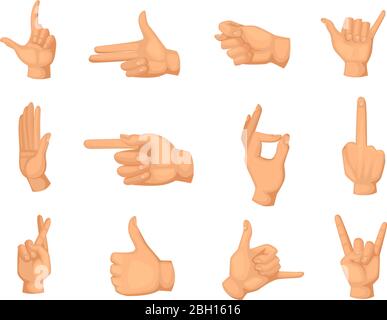 Cartoon illustrations of hands gestures isolated on white. Thumb up and palm, fist and ok symbol vector Stock Vector