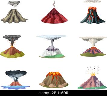 Vector set of mountains and hot explosion of volcano. Illustration of volcano eruption and explosion after earthquake Stock Vector