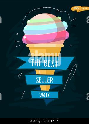 Ice cream cone cartoon icon with inscription. Vector illustration best seller 2017 Stock Vector