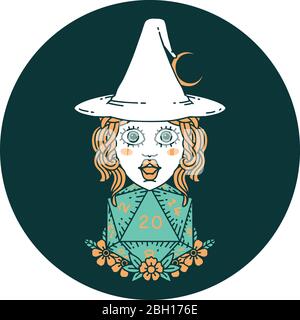 icon of human witch with natural twenty dice roll Stock Vector