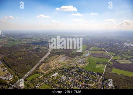 river Emscher with newly built rainwater retention basin in Castrop-Rauxel-Ickern, 18.04.2016, aerial view, Germany, North Rhine-Westphalia, Ruhr Area, Castrop-Rauxel Stock Photo