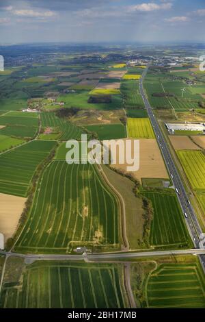 Course of the federal motorway A2 between agricultural fields in Westerboenen, 18.04.2016, aerial view, Germany, North Rhine-Westphalia, Ruhr Area, Hamm Stock Photo