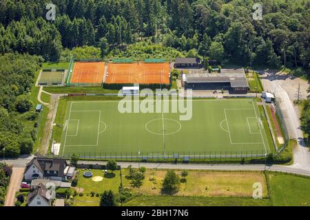 , Football stadium of the club TuS Green - White Allagen e.V. in Warstein, 07.06.2016, aerial view, Germany, North Rhine-Westphalia, Sauerland, Warstein Stock Photo