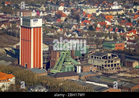 , Demolition works at the Conveyors and mining pits at the headframe Zeche Friedrich Heinrich Schacht 2 in Kamp-Lintfort, 27.02.2016, aerial view, Germany, North Rhine-Westphalia, Ruhr Area, Kamp-Lintfort Stock Photo