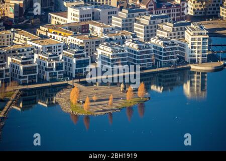lake Phoenix with old basic converter on island of culture, 21.01.2020, aerial view, Germany, North Rhine-Westphalia, Ruhr Area, Dortmund Stock Photo