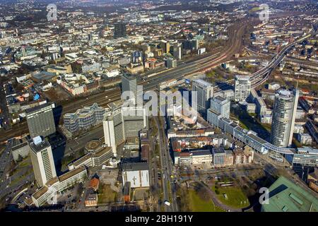 , District Suedviertel in Essen, between Bismarck Street and Rellinghauser street with RWE Tower, 09.03.2016, aerial view, Germany, North Rhine-Westphalia, Ruhr Area, Essen Stock Photo