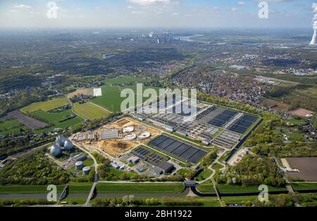 Construction to expand the sewage plant basins and purification steps for waste water treatment of sewage plant Emschermuendung in Duisburg, 20.04.2016, aerial view, Germany, North Rhine-Westphalia, Ruhr Area, Duisburg