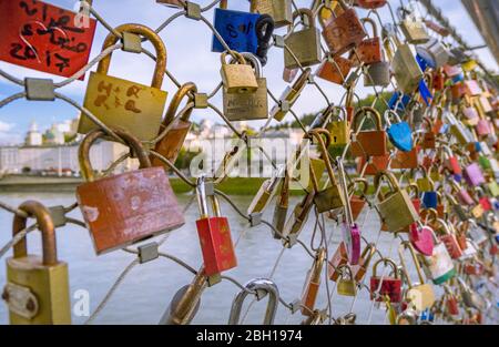 love locks at Makartsteg bridge, Austria, Salzburg Stock Photo