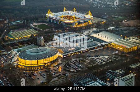 view of Westfalenhallen, BVB Stadion Dortmund, Signal Iduna Park in twilight, 18.01.2020, aerial view, Germany, North Rhine-Westphalia, Ruhr Area, Dortmund Stock Photo