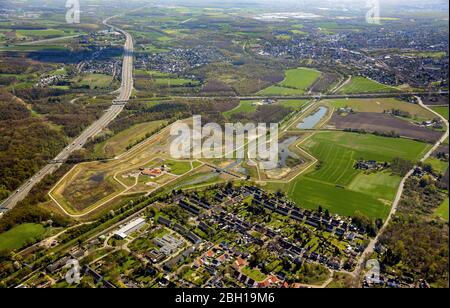 river Emscher with newly built rainwater retention basin in Castrop-Rauxel-Ickern, 18.04.2016, aerial view, Germany, North Rhine-Westphalia, Ruhr Area, Castrop-Rauxel Stock Photo