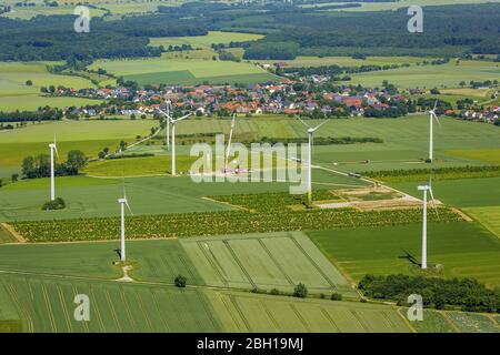 , Wind turbine windmills on a field in Belecke, 07.06.2016, aerial view, Germany, North Rhine-Westphalia, Sauerland, Warstein Stock Photo