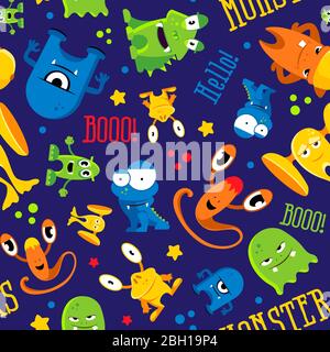 Seamless cute pattern made with monsters, bubbles and words hello, color monster, vector illustration Stock Vector