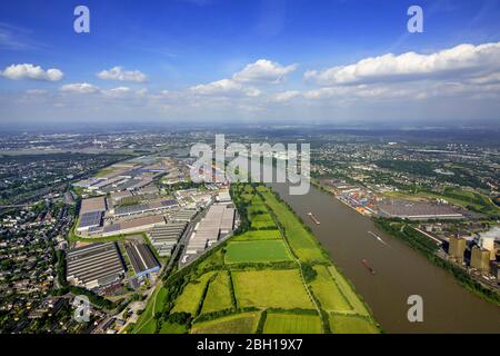 commercial area and container terminal in the port of Rheinhausen in Duisburg, 09.06.2016, aerial view, Germany, North Rhine-Westphalia, Ruhr Area, Duisburg Stock Photo